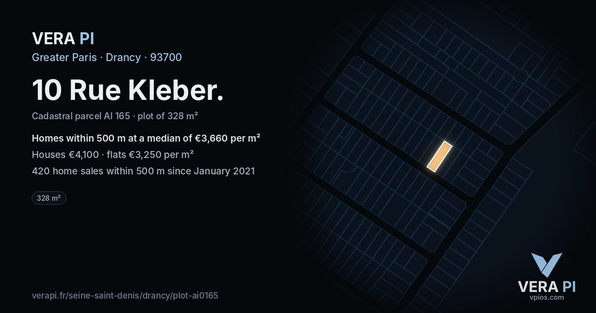 10 Rue Kleber, Drancy at night – the plot lit, the parcels around coloured by the prices near them