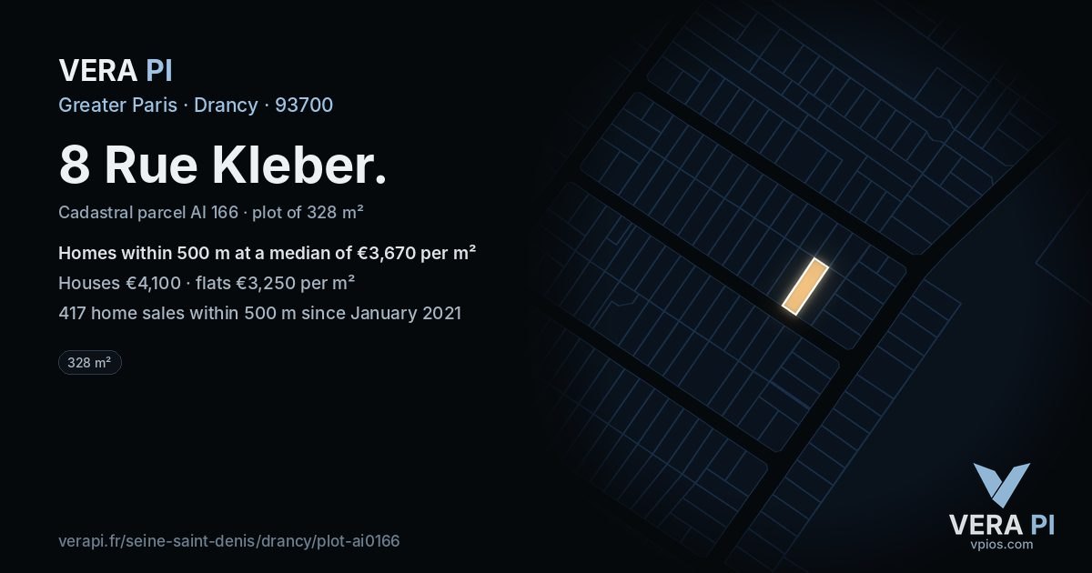 8 Rue Kleber, Drancy at night – the plot lit, the parcels around coloured by the prices near them