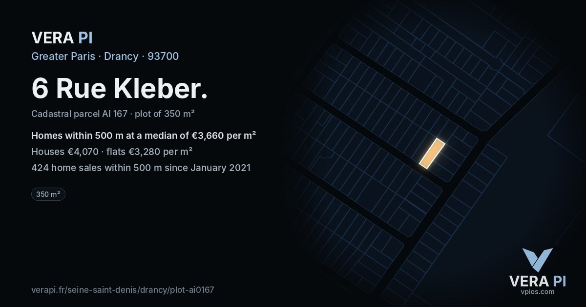 6 Rue Kleber, Drancy at night – the plot lit, the parcels around coloured by the prices near them