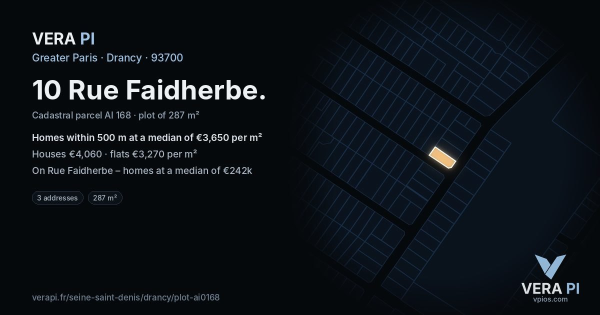 10 Rue Faidherbe, Drancy at night – the plot lit, the parcels around coloured by the prices near them