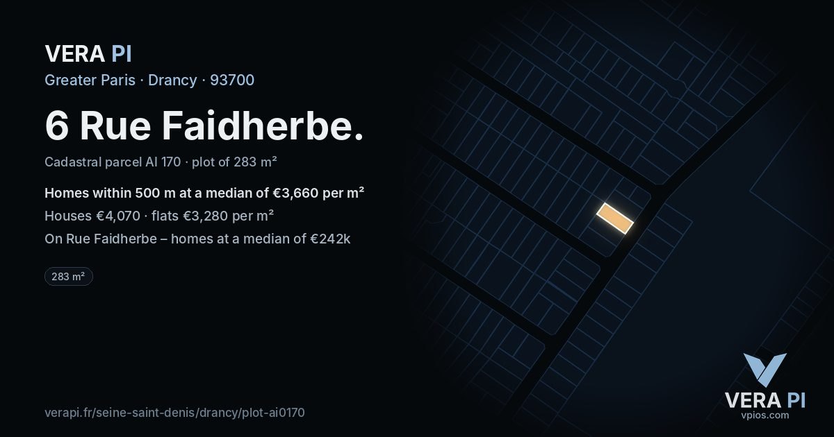6 Rue Faidherbe, Drancy at night – the plot lit, the parcels around coloured by the prices near them