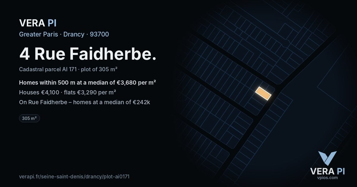 4 Rue Faidherbe, Drancy at night – the plot lit, the parcels around coloured by the prices near them