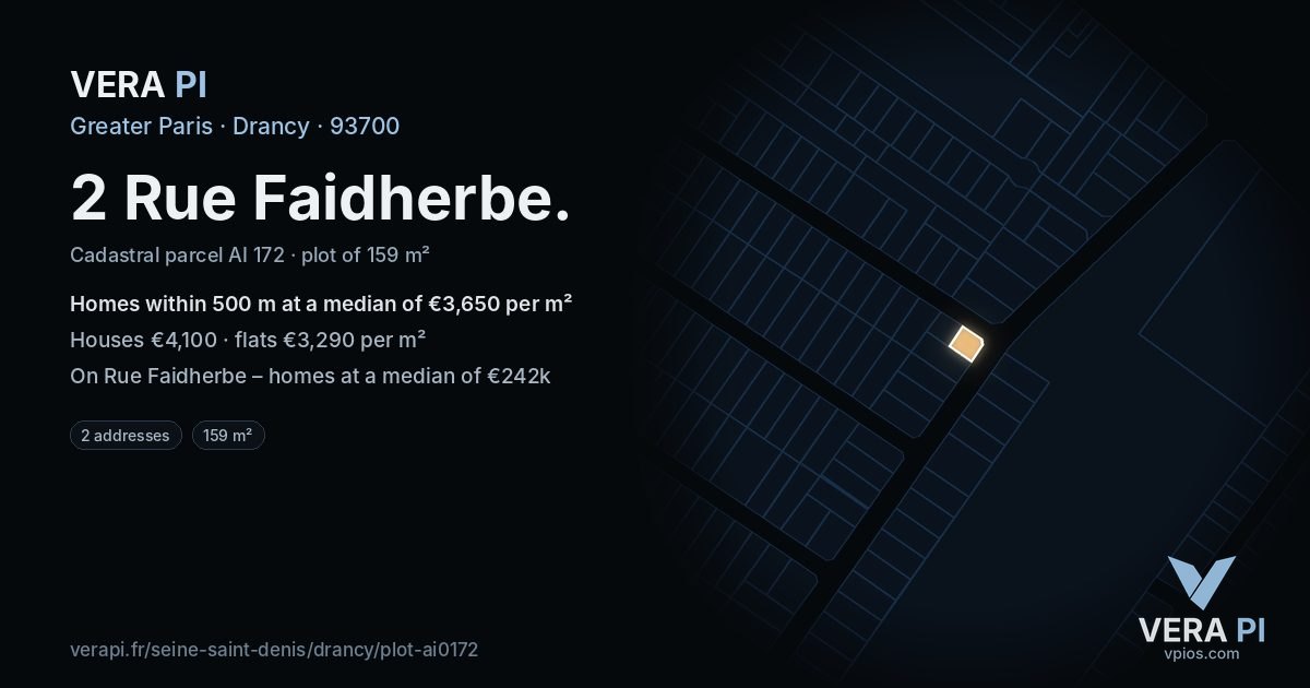 2 Rue Faidherbe, Drancy at night – the plot lit, the parcels around coloured by the prices near them