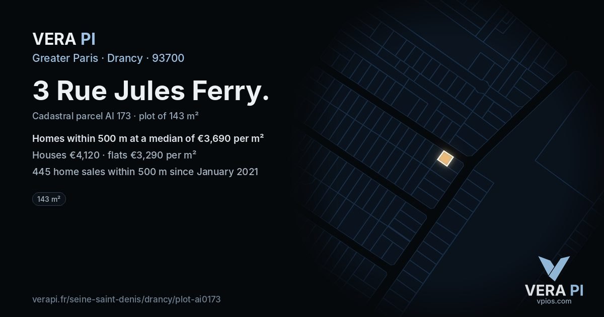 3 Rue Jules Ferry, Drancy at night – the plot lit, the parcels around coloured by the prices near them