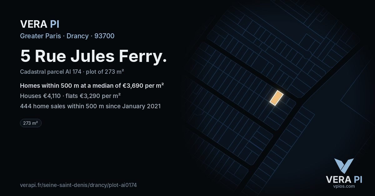 5 Rue Jules Ferry, Drancy at night – the plot lit, the parcels around coloured by the prices near them