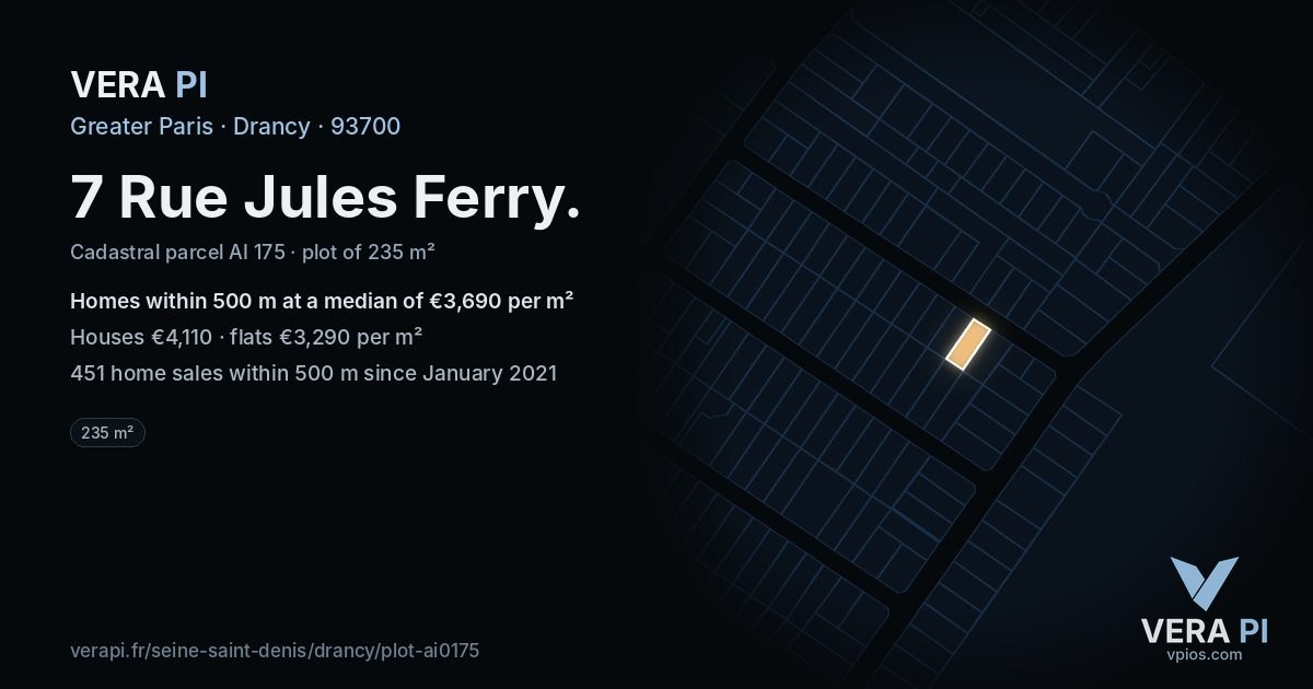7 Rue Jules Ferry, Drancy at night – the plot lit, the parcels around coloured by the prices near them