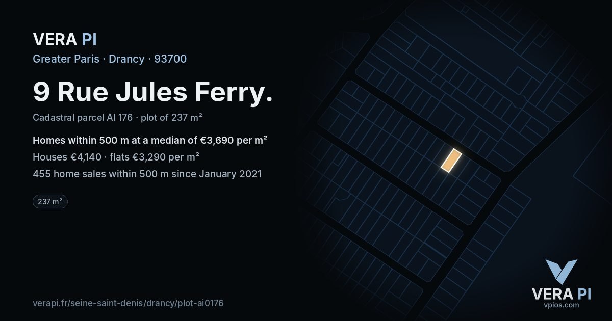 9 Rue Jules Ferry, Drancy at night – the plot lit, the parcels around coloured by the prices near them