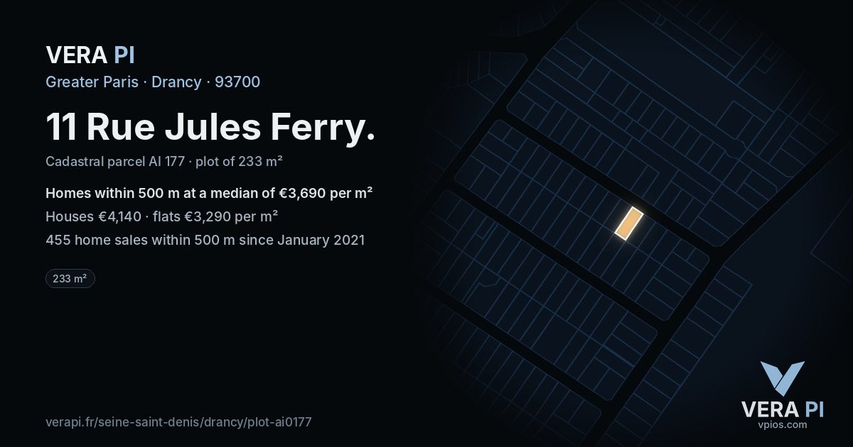 11 Rue Jules Ferry, Drancy at night – the plot lit, the parcels around coloured by the prices near them