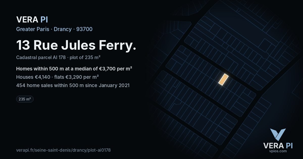 13 Rue Jules Ferry, Drancy at night – the plot lit, the parcels around coloured by the prices near them