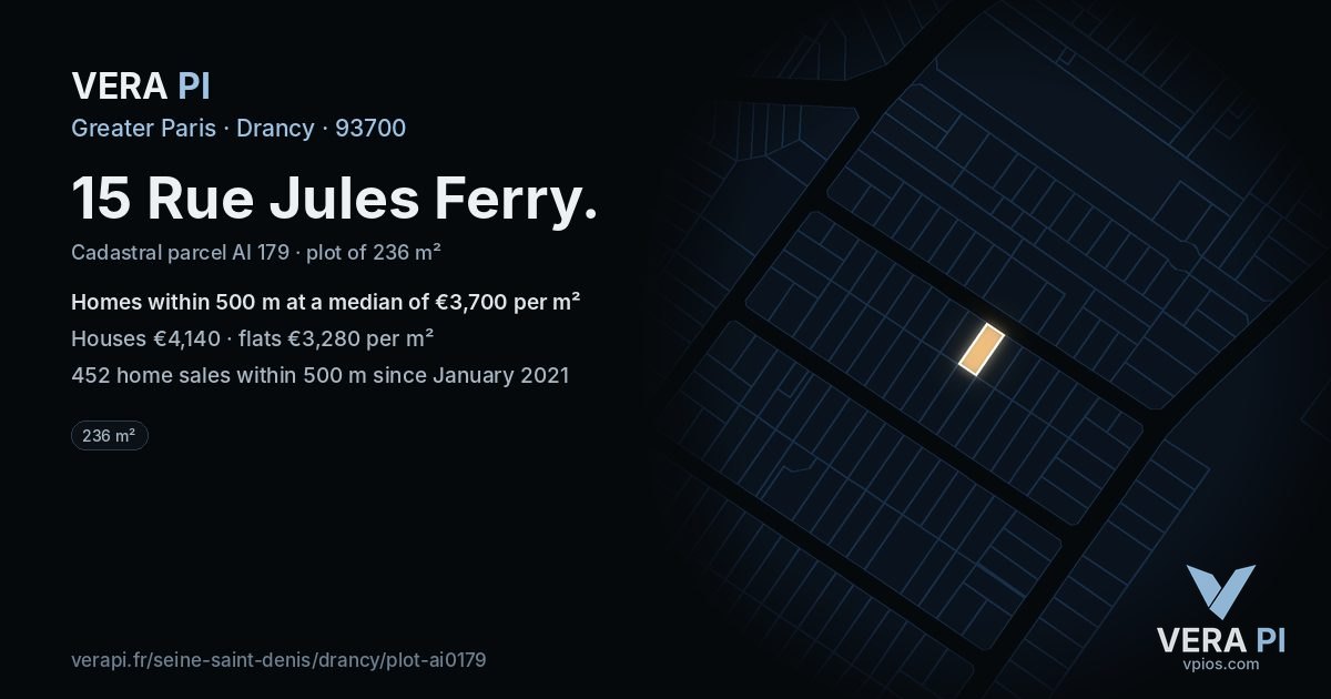 15 Rue Jules Ferry, Drancy at night – the plot lit, the parcels around coloured by the prices near them