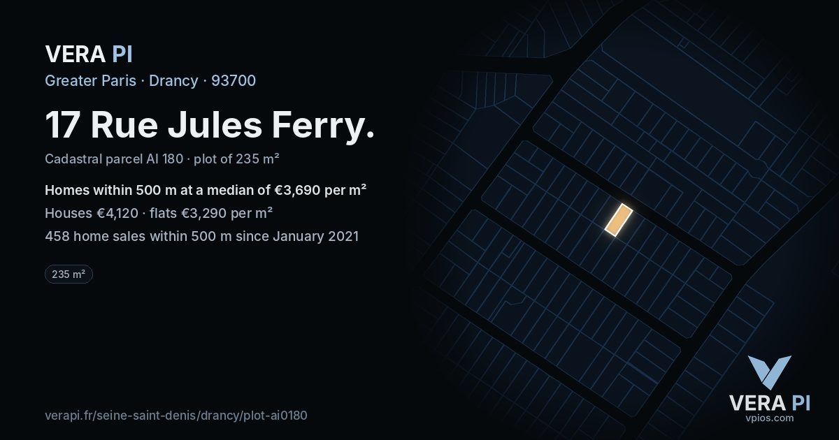 17 Rue Jules Ferry, Drancy at night – the plot lit, the parcels around coloured by the prices near them