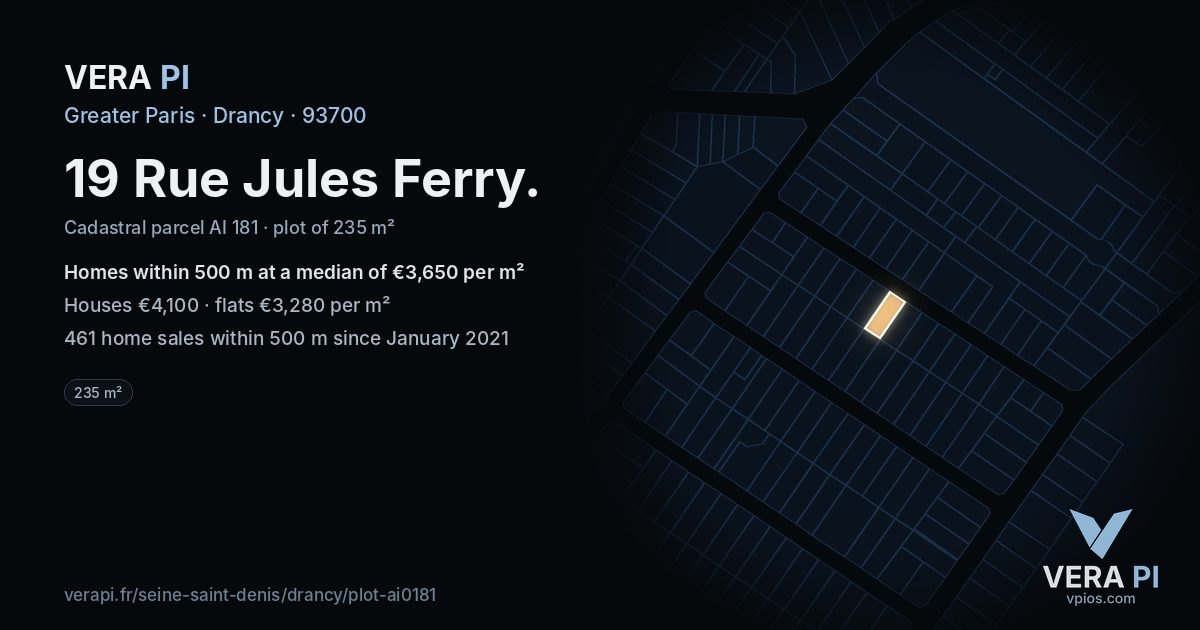 19 Rue Jules Ferry, Drancy at night – the plot lit, the parcels around coloured by the prices near them