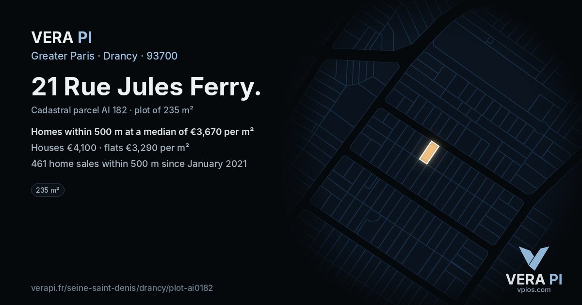 21 Rue Jules Ferry, Drancy at night – the plot lit, the parcels around coloured by the prices near them