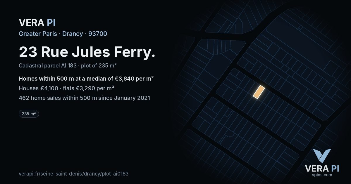 23 Rue Jules Ferry, Drancy at night – the plot lit, the parcels around coloured by the prices near them