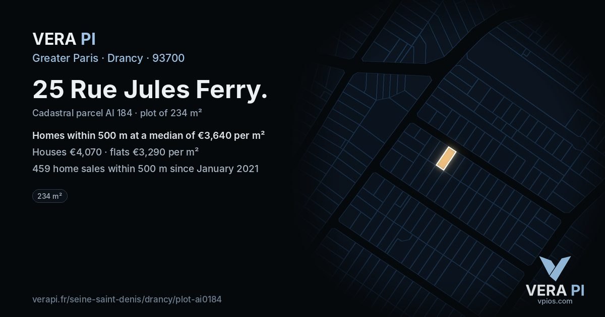 25 Rue Jules Ferry, Drancy at night – the plot lit, the parcels around coloured by the prices near them