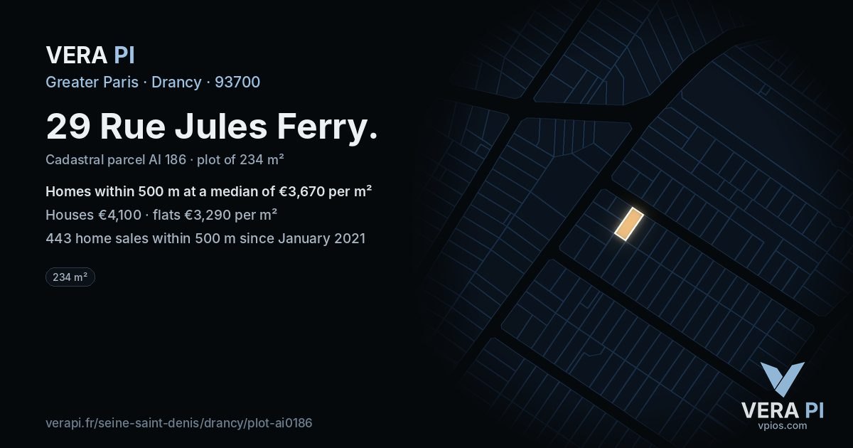 29 Rue Jules Ferry, Drancy at night – the plot lit, the parcels around coloured by the prices near them