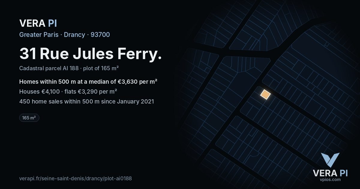 31 Rue Jules Ferry, Drancy at night – the plot lit, the parcels around coloured by the prices near them