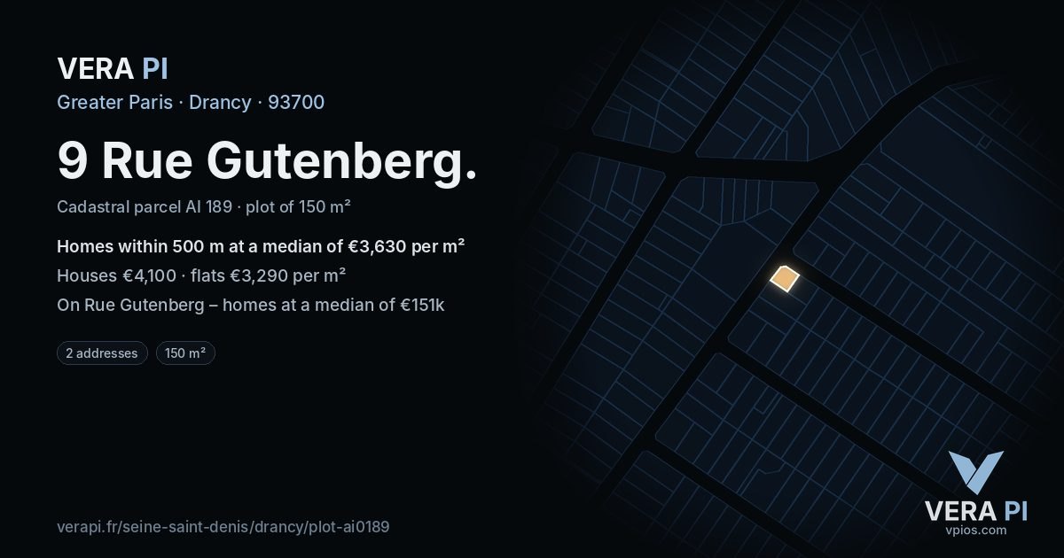 9 Rue Gutenberg, Drancy at night – the plot lit, the parcels around coloured by the prices near them