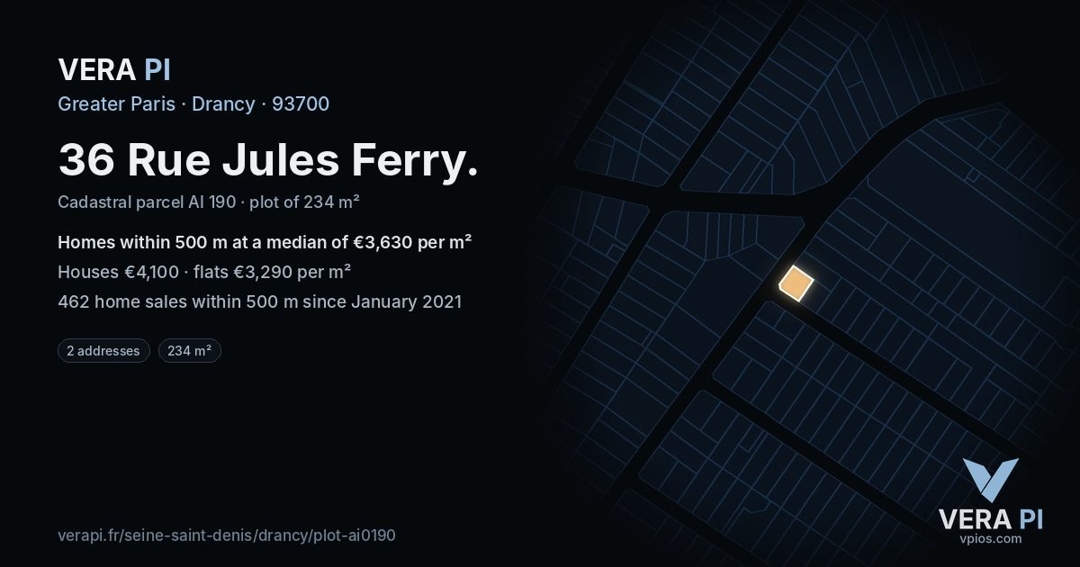 36 Rue Jules Ferry, Drancy at night – the plot lit, the parcels around coloured by the prices near them