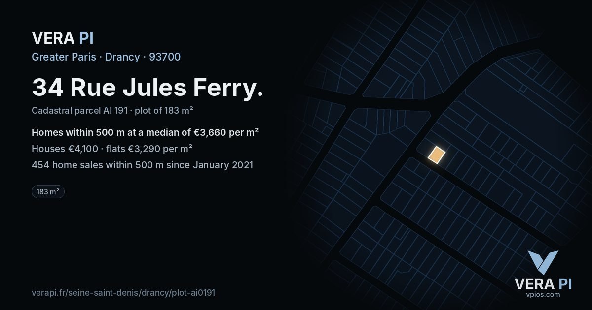 34 Rue Jules Ferry, Drancy at night – the plot lit, the parcels around coloured by the prices near them