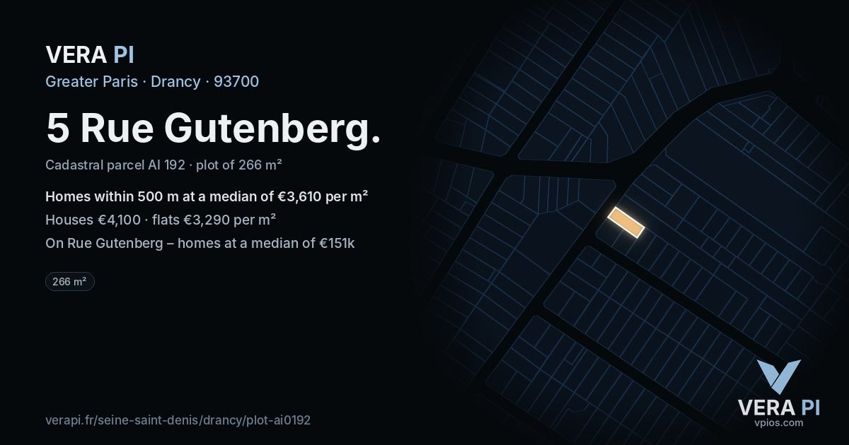 5 Rue Gutenberg, Drancy at night – the plot lit, the parcels around coloured by the prices near them