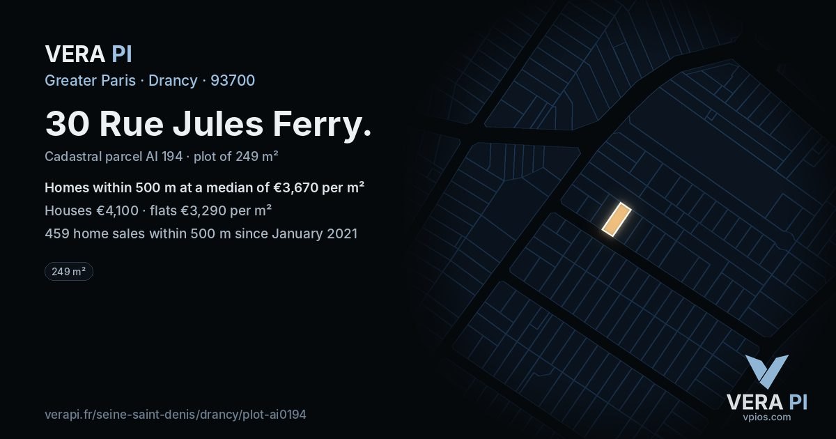 30 Rue Jules Ferry, Drancy at night – the plot lit, the parcels around coloured by the prices near them