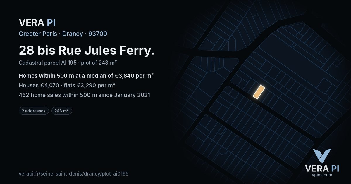 28 bis Rue Jules Ferry, Drancy at night – the plot lit, the parcels around coloured by the prices near them