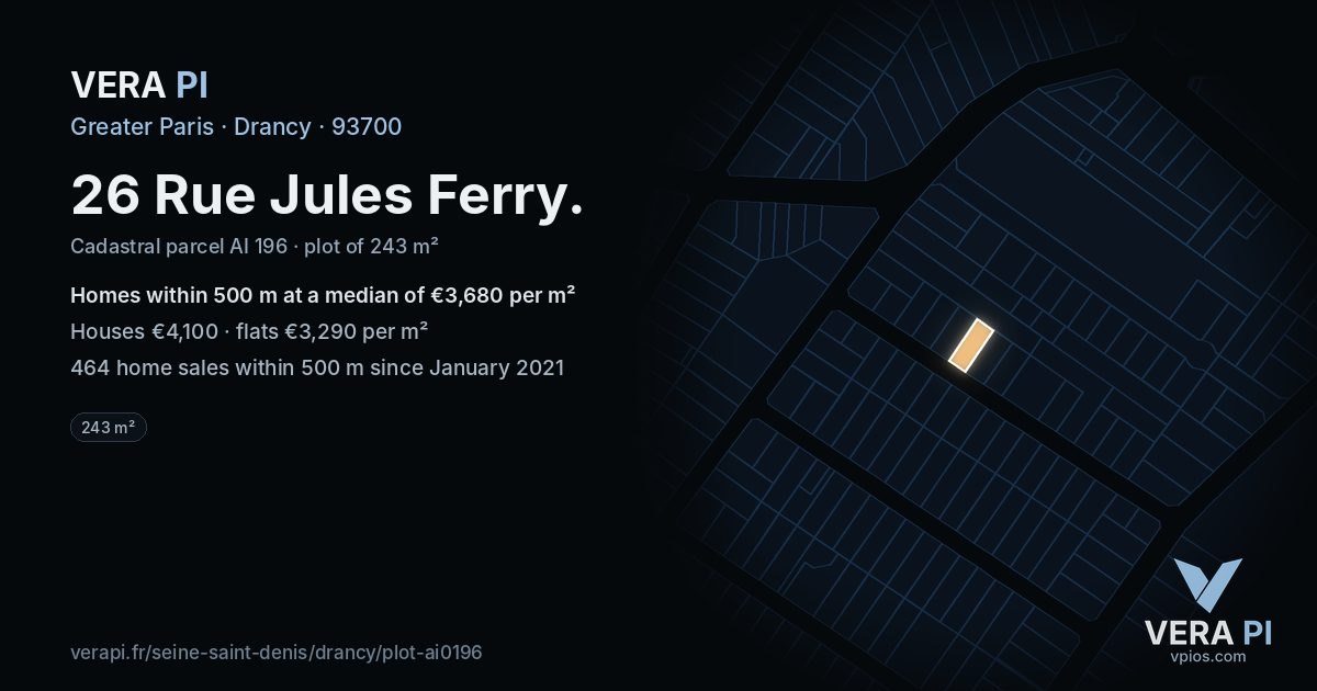 26 Rue Jules Ferry, Drancy at night – the plot lit, the parcels around coloured by the prices near them