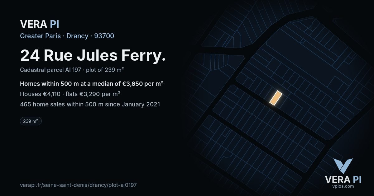 24 Rue Jules Ferry, Drancy at night – the plot lit, the parcels around coloured by the prices near them