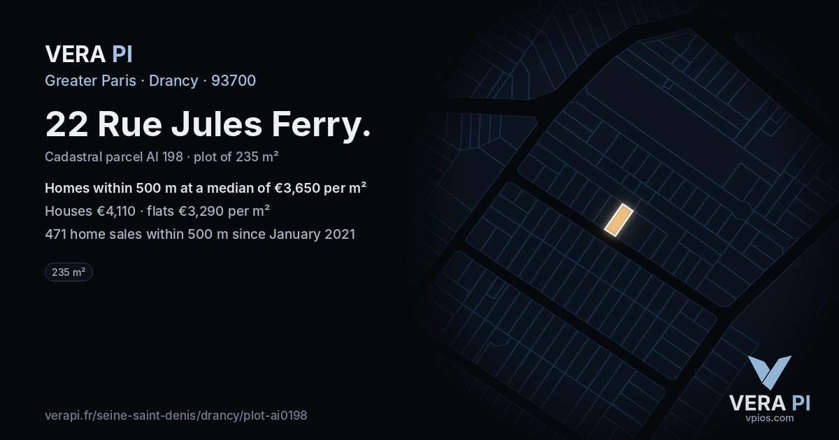 22 Rue Jules Ferry, Drancy at night – the plot lit, the parcels around coloured by the prices near them