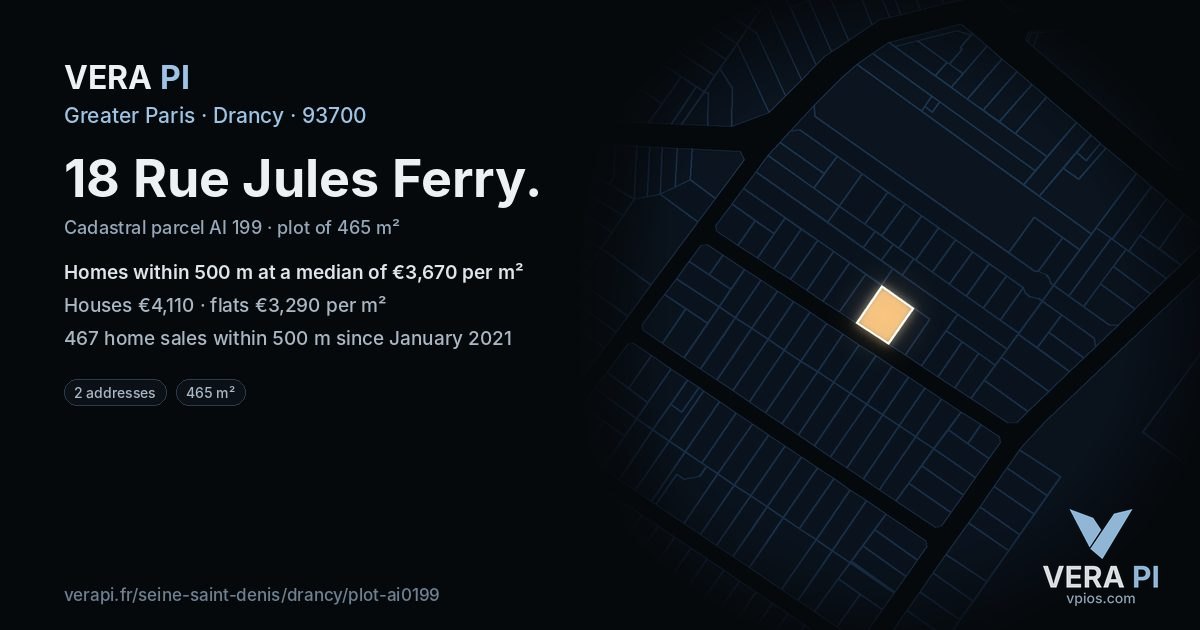 18 Rue Jules Ferry, Drancy at night – the plot lit, the parcels around coloured by the prices near them