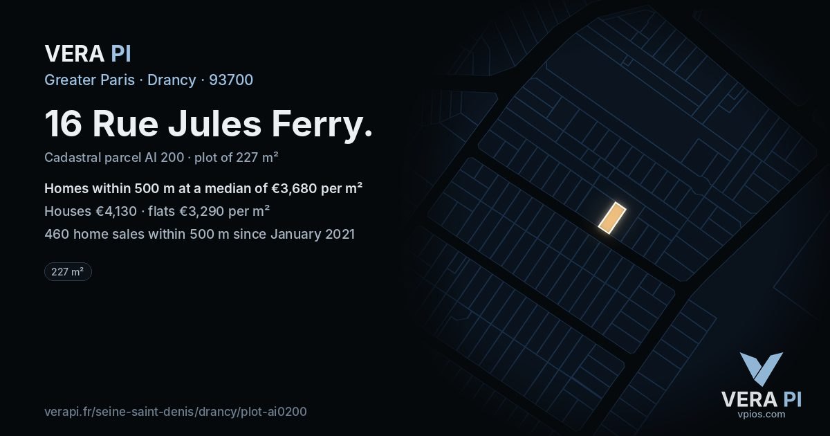 16 Rue Jules Ferry, Drancy at night – the plot lit, the parcels around coloured by the prices near them