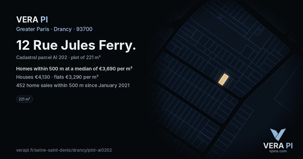 12 Rue Jules Ferry, Drancy at night – the plot lit, the parcels around coloured by the prices near them