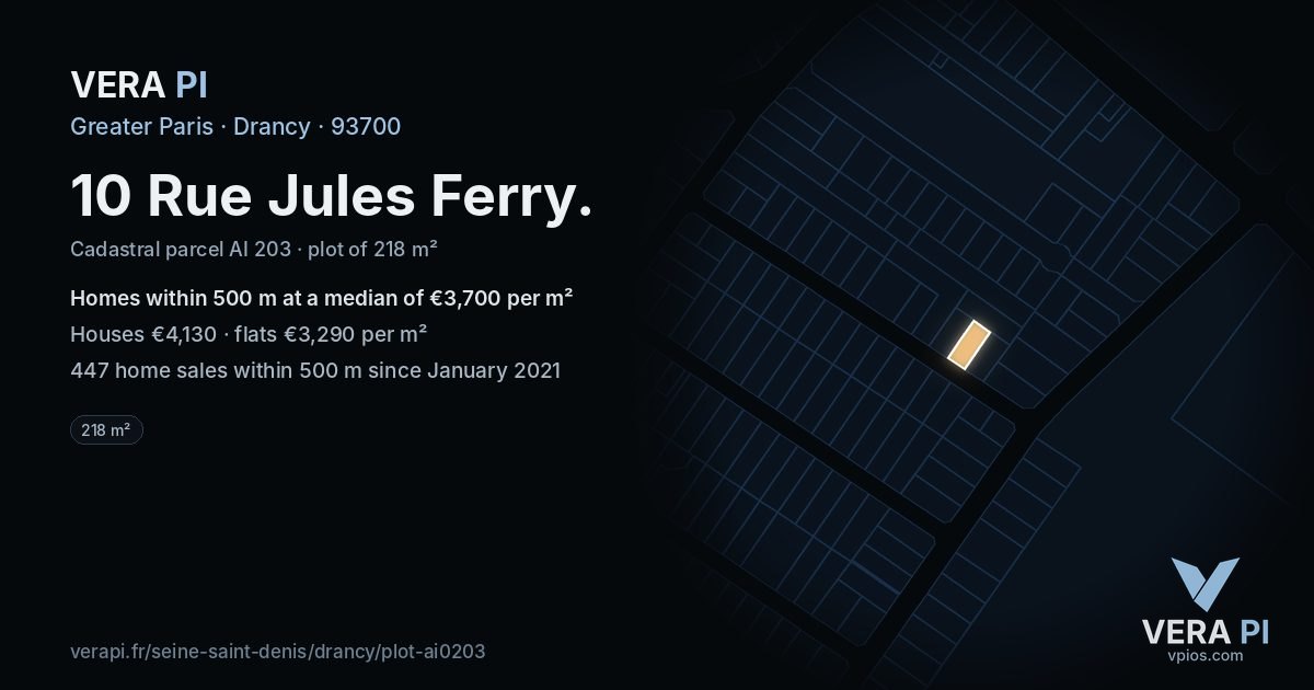 10 Rue Jules Ferry, Drancy at night – the plot lit, the parcels around coloured by the prices near them