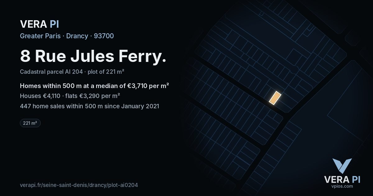 8 Rue Jules Ferry, Drancy at night – the plot lit, the parcels around coloured by the prices near them