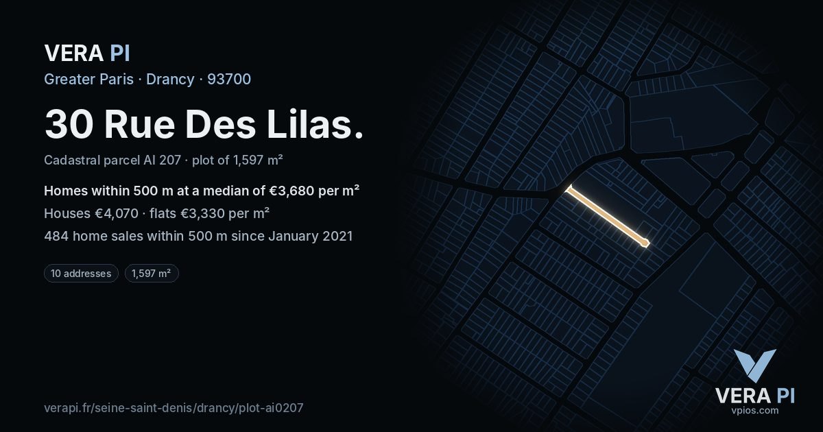 30 Rue Des Lilas, Drancy at night – the plot lit, the parcels around coloured by the prices near them