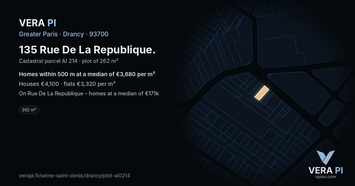 135 Rue De La Republique, Drancy at night – the plot lit, the parcels around coloured by the prices near them