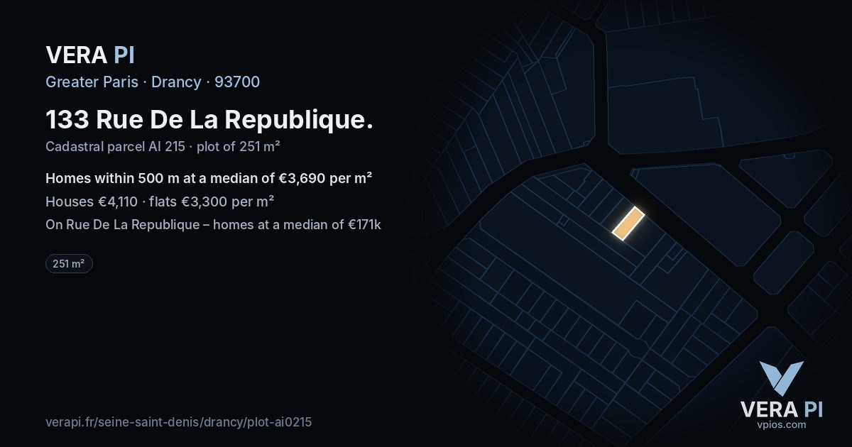 133 Rue De La Republique, Drancy at night – the plot lit, the parcels around coloured by the prices near them