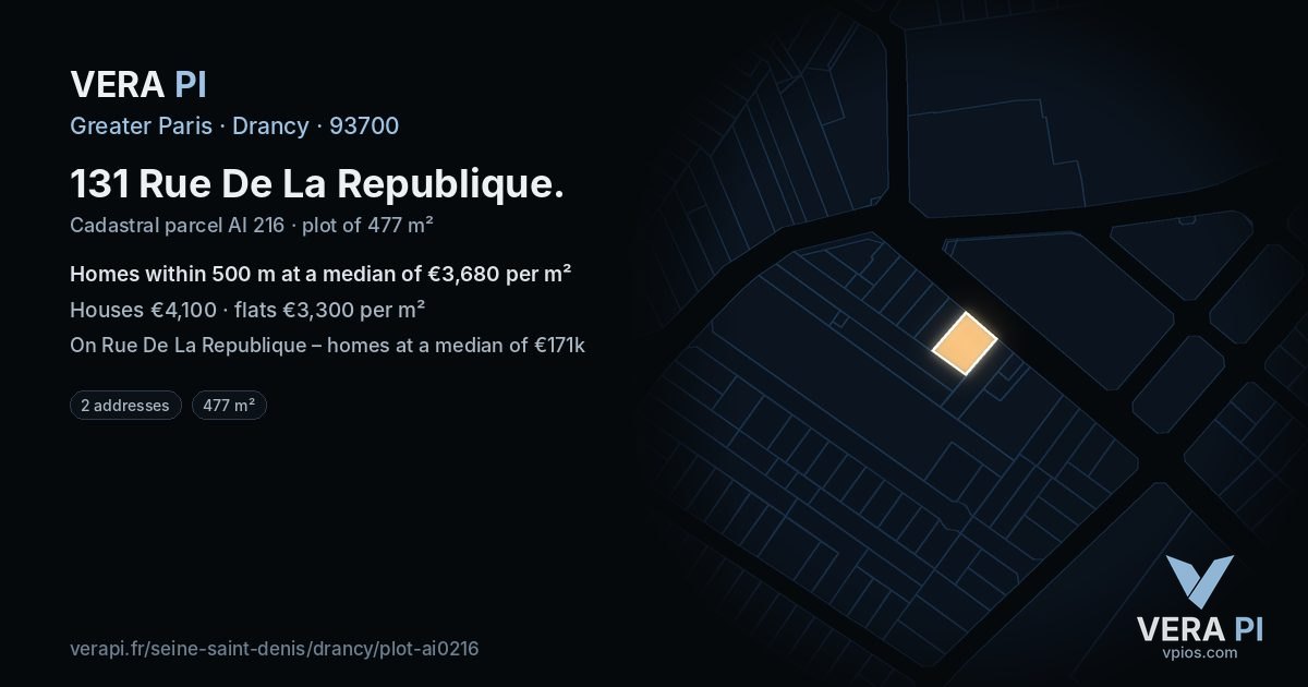 131 Rue De La Republique, Drancy at night – the plot lit, the parcels around coloured by the prices near them
