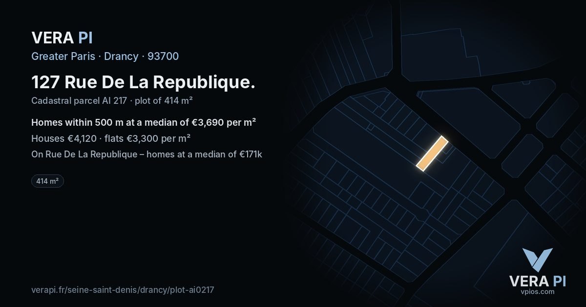 127 Rue De La Republique, Drancy at night – the plot lit, the parcels around coloured by the prices near them