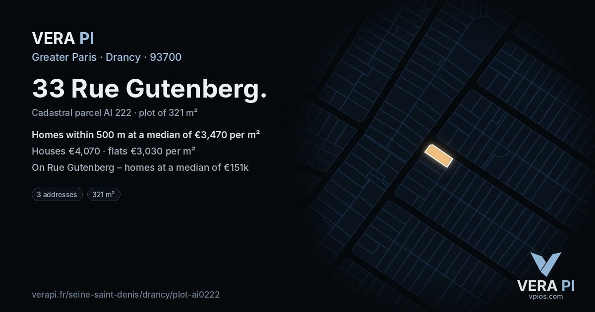 33 Rue Gutenberg, Drancy at night – the plot lit, the parcels around coloured by the prices near them