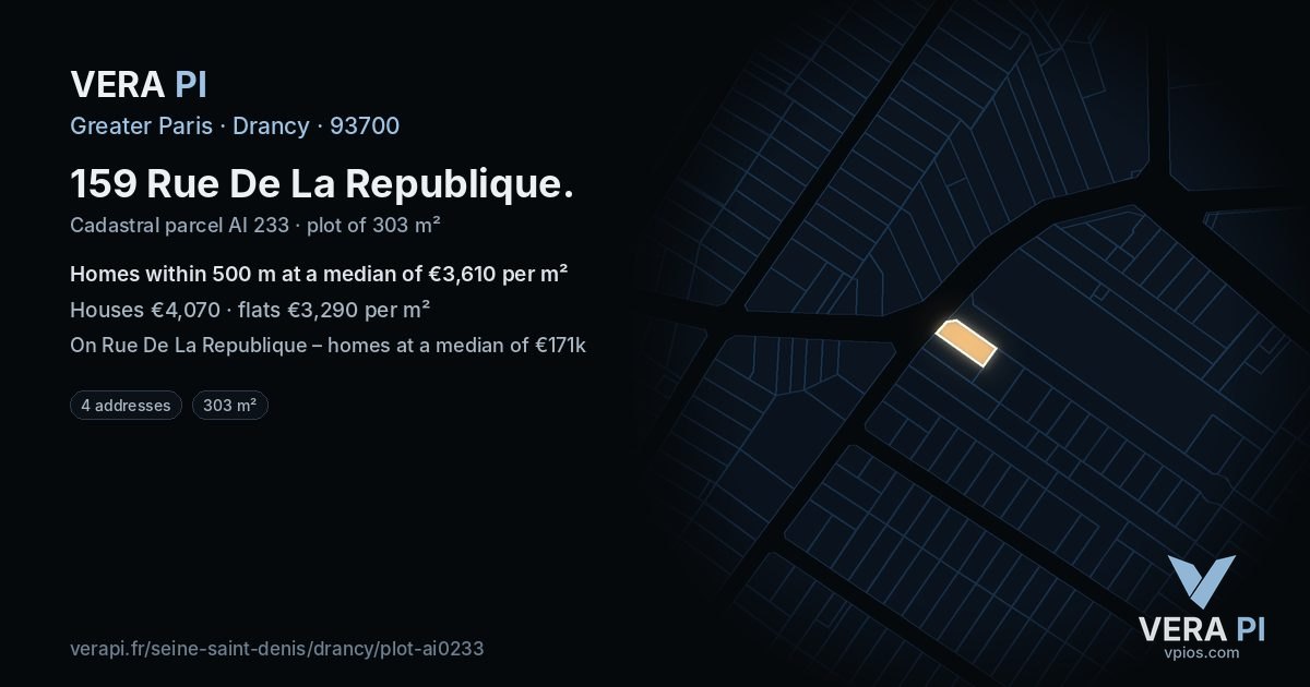 159 Rue De La Republique, Drancy at night – the plot lit, the parcels around coloured by the prices near them