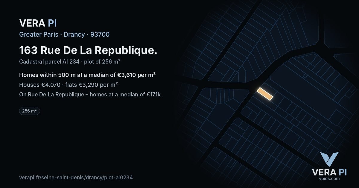 163 Rue De La Republique, Drancy at night – the plot lit, the parcels around coloured by the prices near them