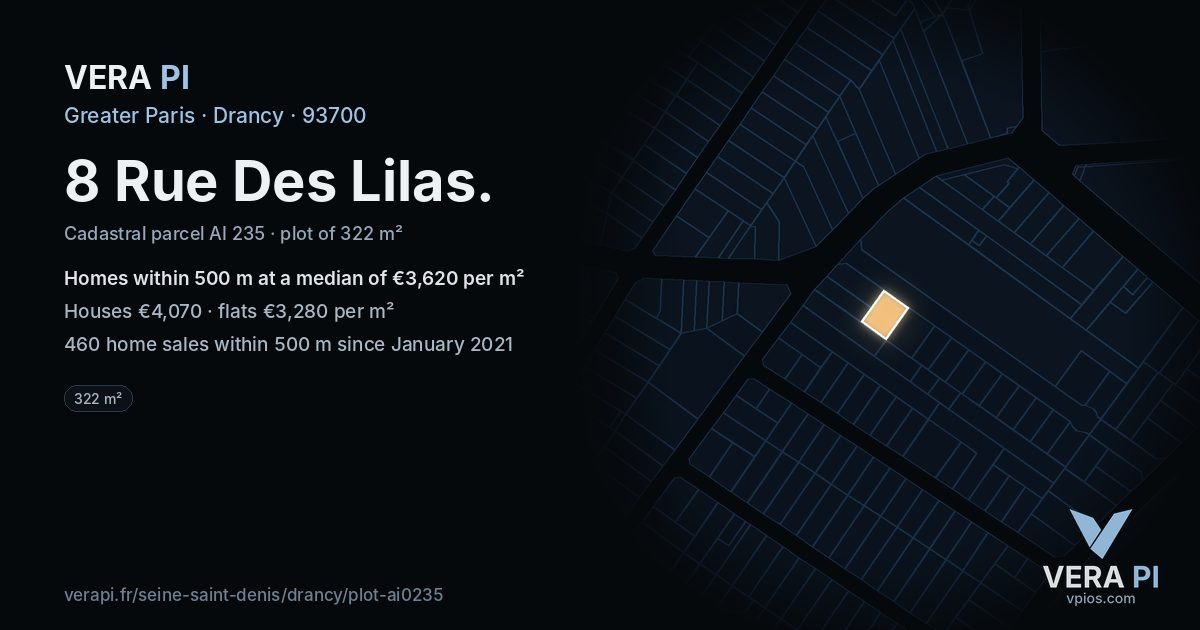 8 Rue Des Lilas, Drancy at night – the plot lit, the parcels around coloured by the prices near them