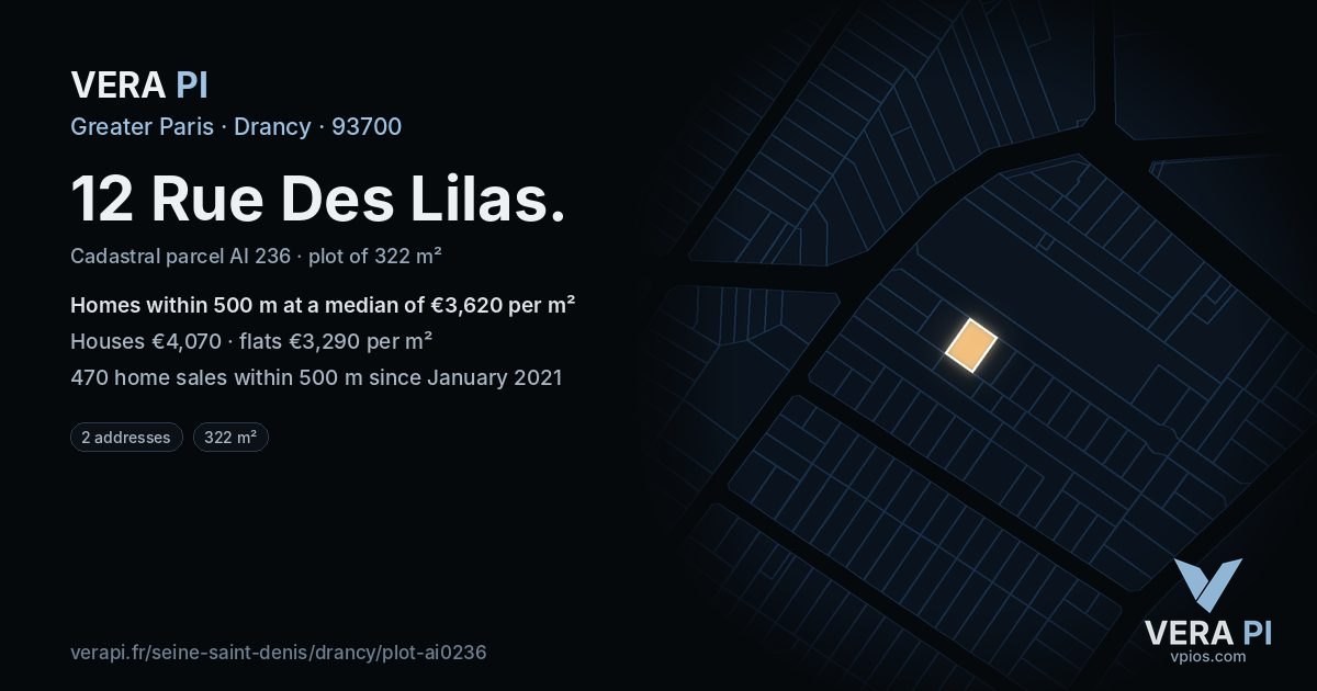 12 Rue Des Lilas, Drancy at night – the plot lit, the parcels around coloured by the prices near them