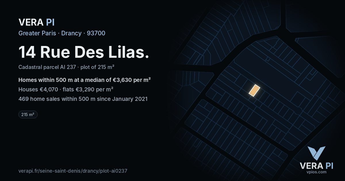 14 Rue Des Lilas, Drancy at night – the plot lit, the parcels around coloured by the prices near them