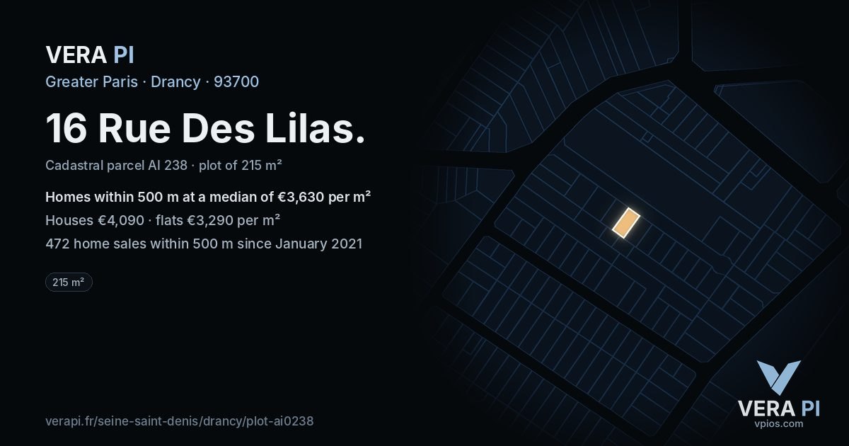 16 Rue Des Lilas, Drancy at night – the plot lit, the parcels around coloured by the prices near them