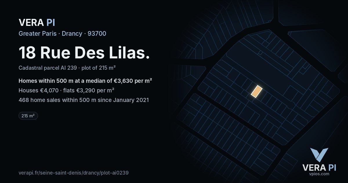 18 Rue Des Lilas, Drancy at night – the plot lit, the parcels around coloured by the prices near them