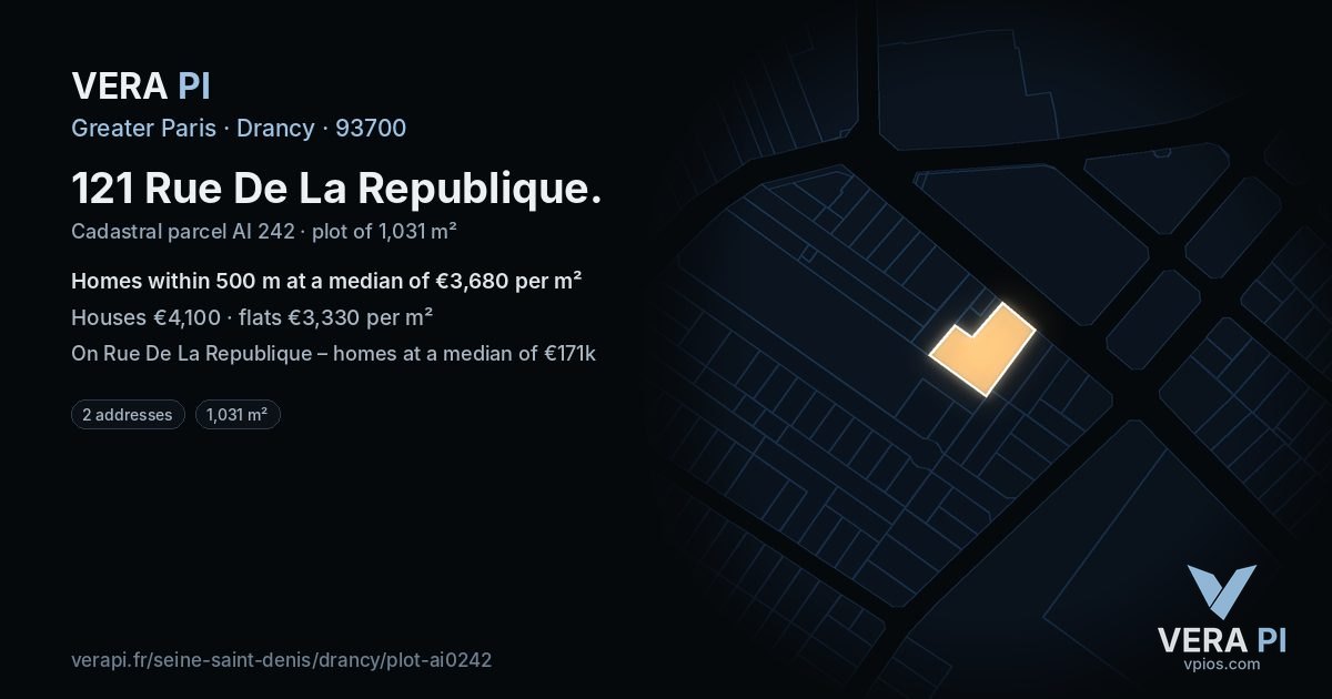 121 Rue De La Republique, Drancy at night – the plot lit, the parcels around coloured by the prices near them