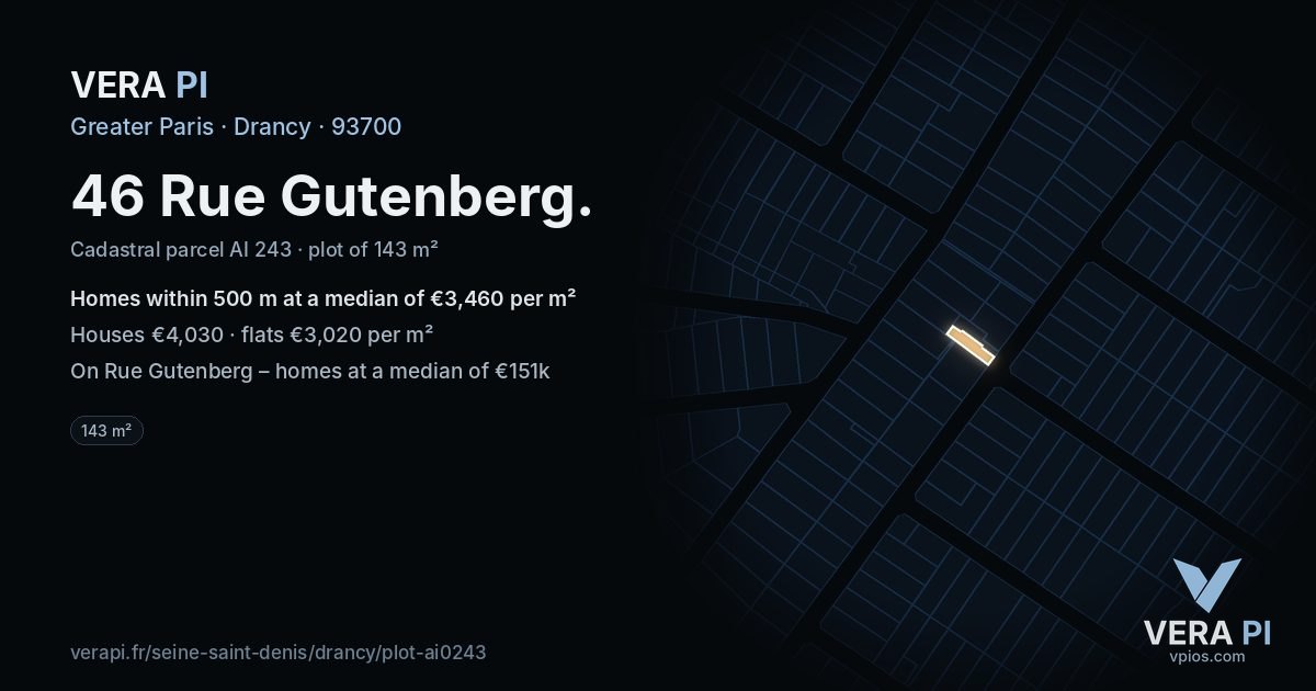 46 Rue Gutenberg, Drancy at night – the plot lit, the parcels around coloured by the prices near them